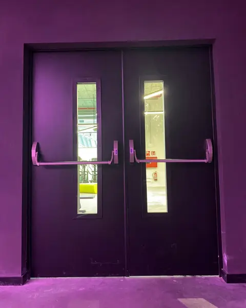 Purple double fire door with panic bars and vertical glazing